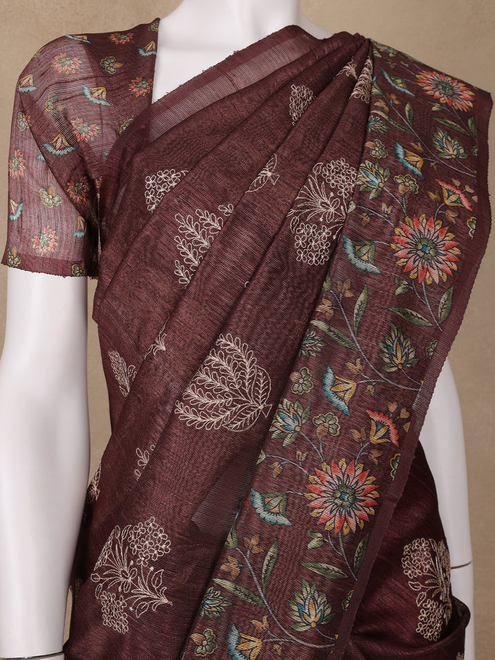 Brown Floral Designed Raw Silk Saree - Diadem