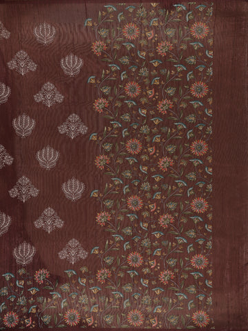 Brown Floral Designed Raw Silk Saree - Diadem