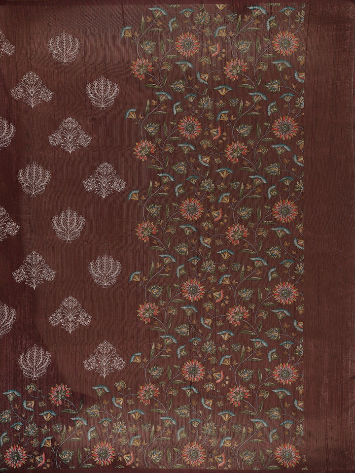 Brown Floral Designed Raw Silk Saree - Diadem