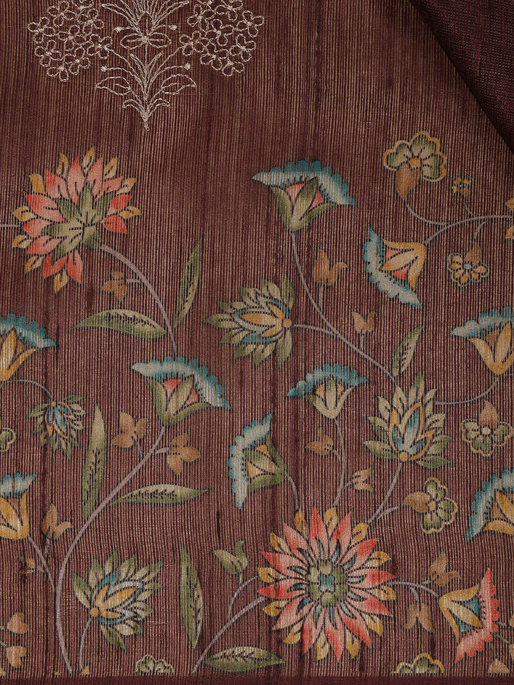 Brown Floral Designed Raw Silk Saree - Diadem