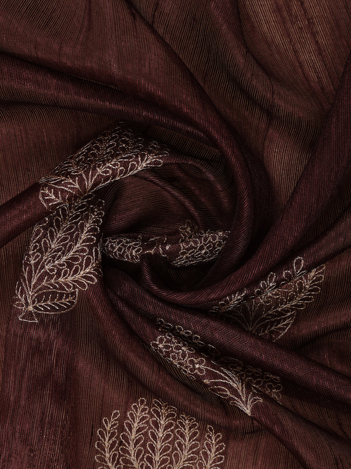 Brown Floral Designed Raw Silk Saree - Diadem