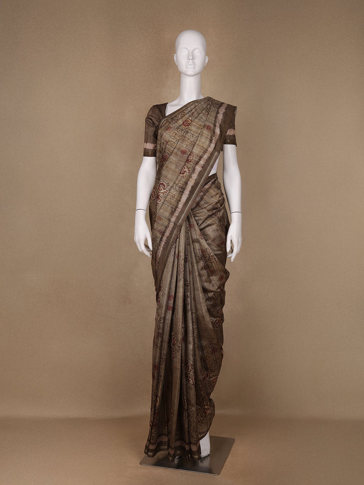 Brown Floral Designed Semi Tussar Saree - Diadem