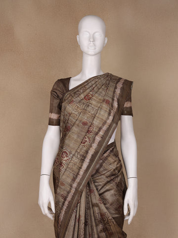 Brown Floral Designed Semi Tussar Saree - Diadem