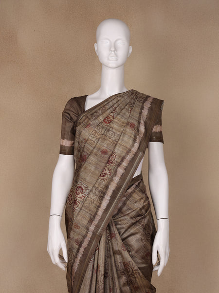 Brown Floral Designed Semi Tussar Saree - Diadem