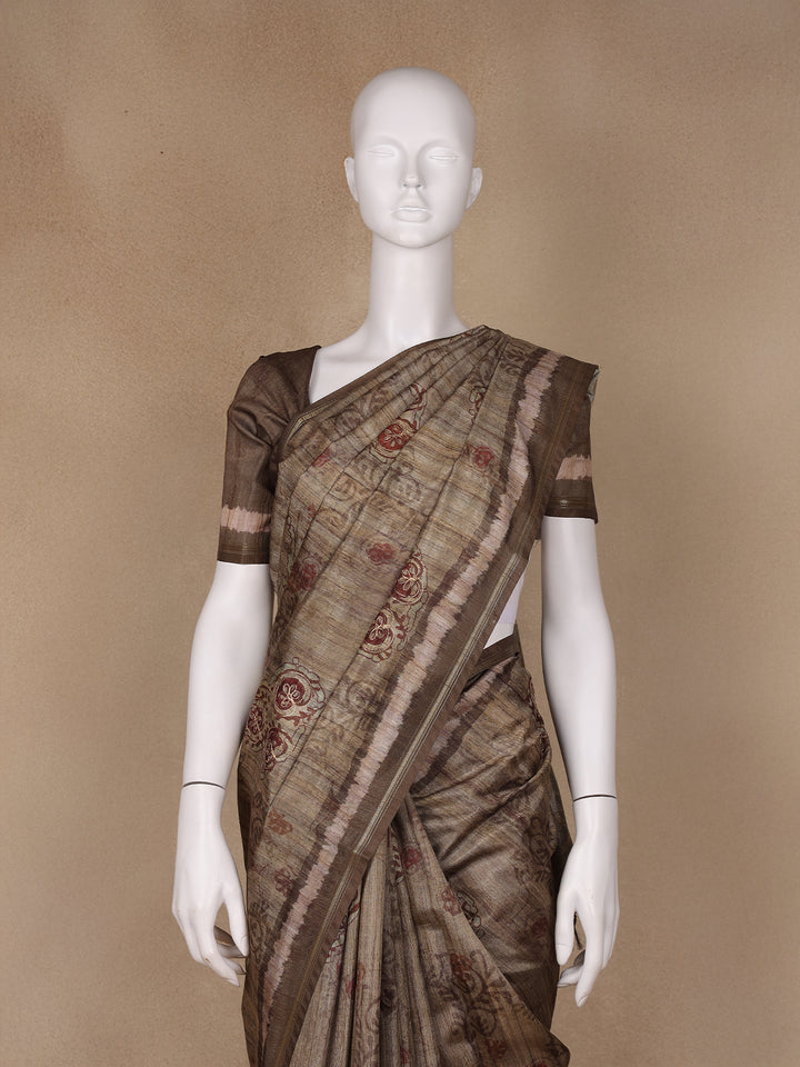 Brown Floral Designed Semi Tussar Saree - Diadem