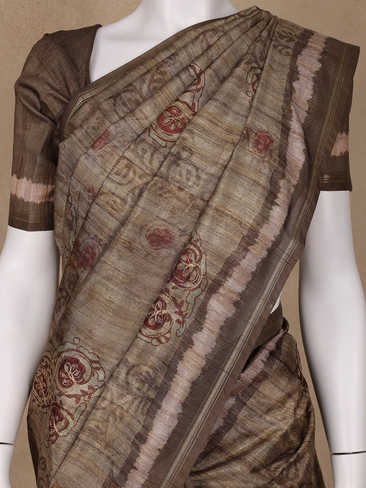 Brown Floral Designed Semi Tussar Saree - Diadem