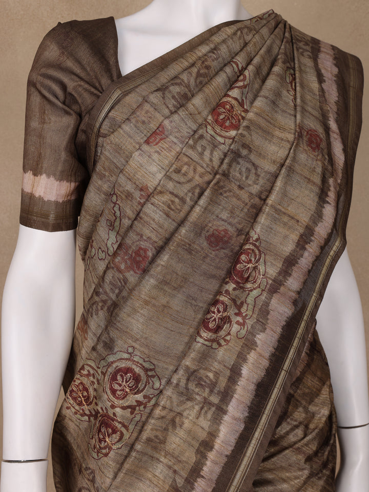Brown Floral Designed Semi Tussar Saree - Diadem
