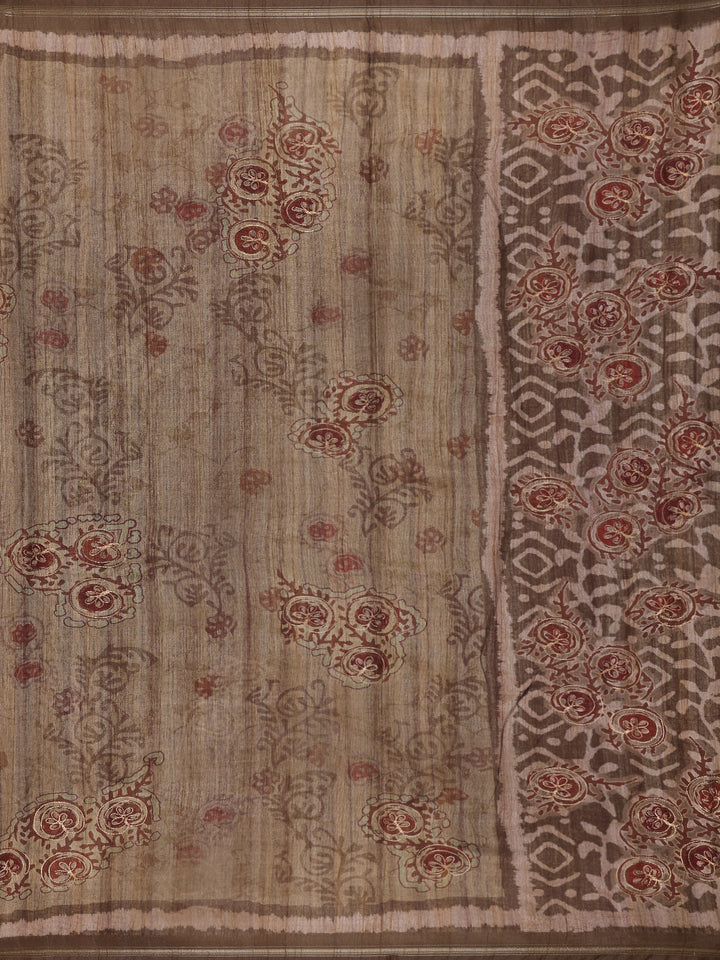 Brown Floral Designed Semi Tussar Saree - Diadem