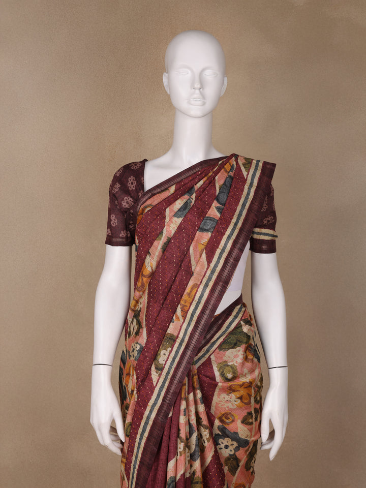 Brown Floral Designed Semi Tussar Saree - Diadem