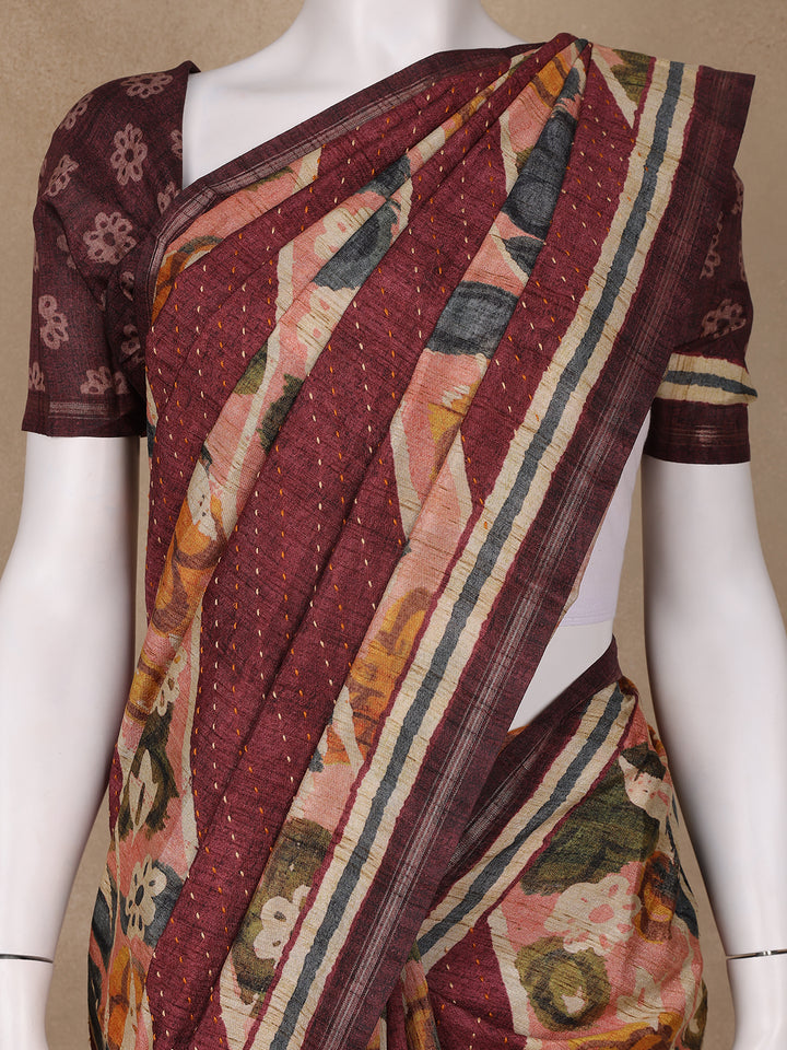 Brown Floral Designed Semi Tussar Saree - Diadem