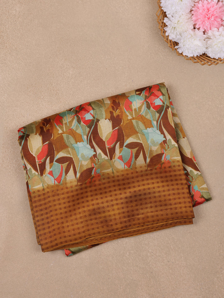 Brown Floral Designed Fancy Cotton Saree - Diadem
