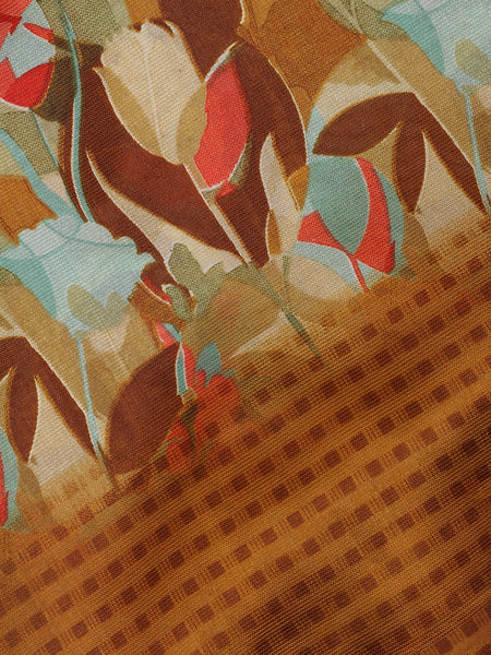 Brown Floral Designed Fancy Cotton Saree - Diadem