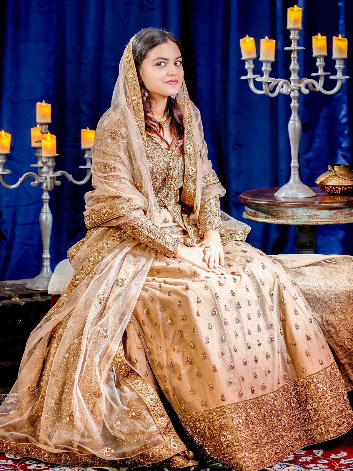 Brown Floral Embroidered Pakistani Net Lehenga for Bridesmaids - Diadem