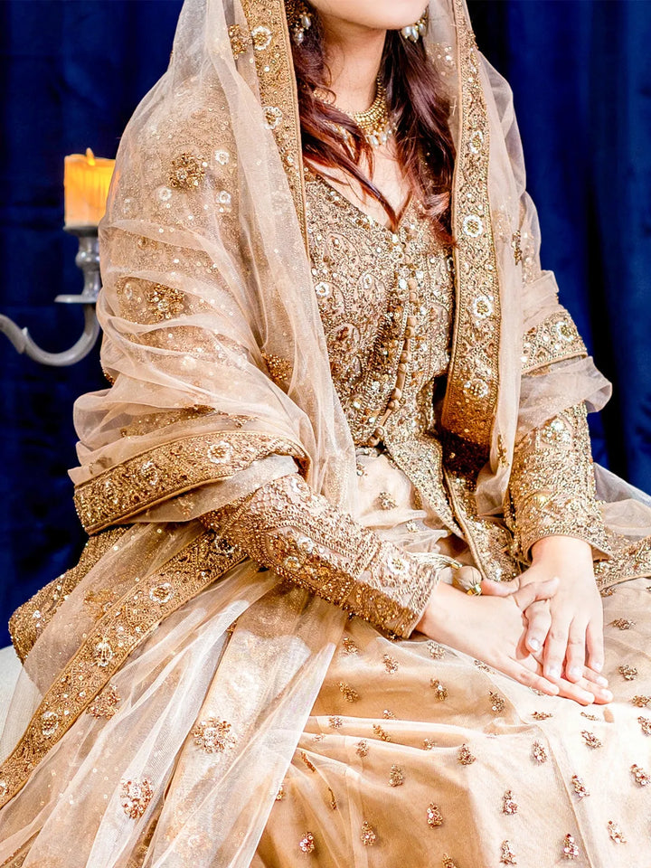 Brown Floral Embroidered Pakistani Net Lehenga for Bridesmaids - Diadem