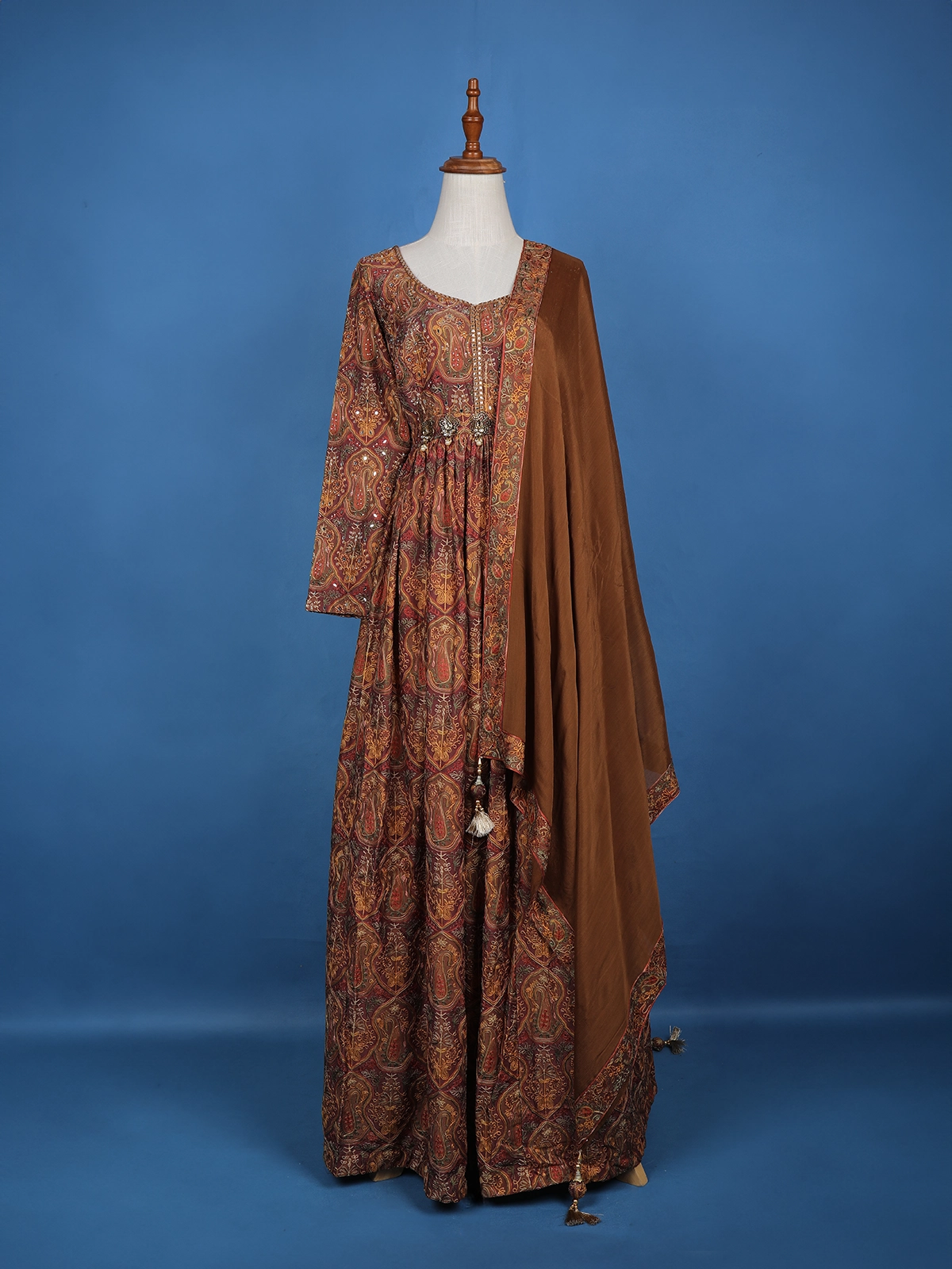 Brown Floral Motif Bead And Printed Work Cotton Gown - Diadem