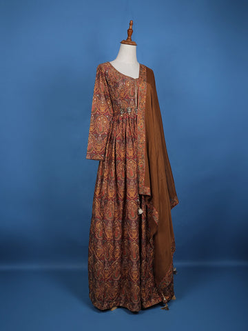 Brown Floral Motif Bead And Printed Work Cotton Gown - Diadem