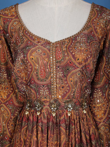 Brown Floral Motif Bead And Printed Work Cotton Gown - Diadem