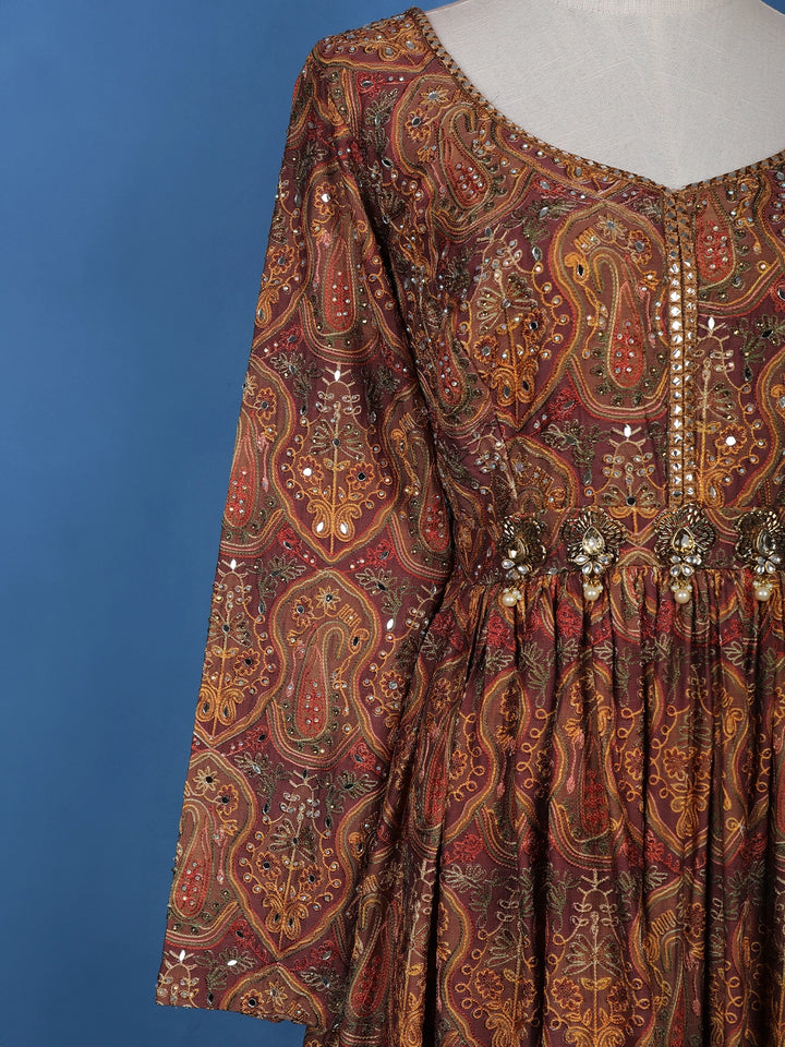 Brown Floral Motif Bead And Printed Work Cotton Gown - Diadem