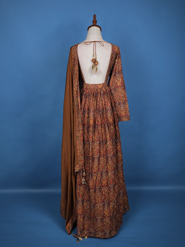 Brown Floral Motif Bead And Printed Work Cotton Gown - Diadem