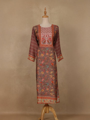 Brown Floral Printed Rayon Kurti - Diadem