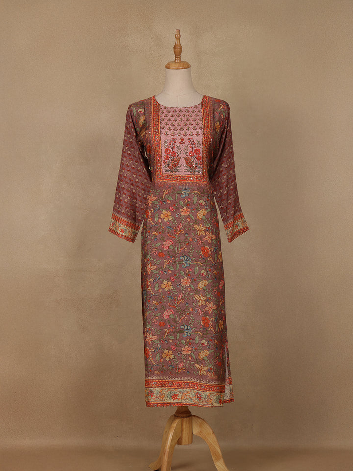 Brown Floral Printed Rayon Kurti - Diadem