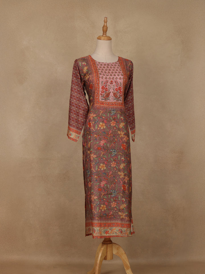 Brown Floral Printed Rayon Kurti - Diadem