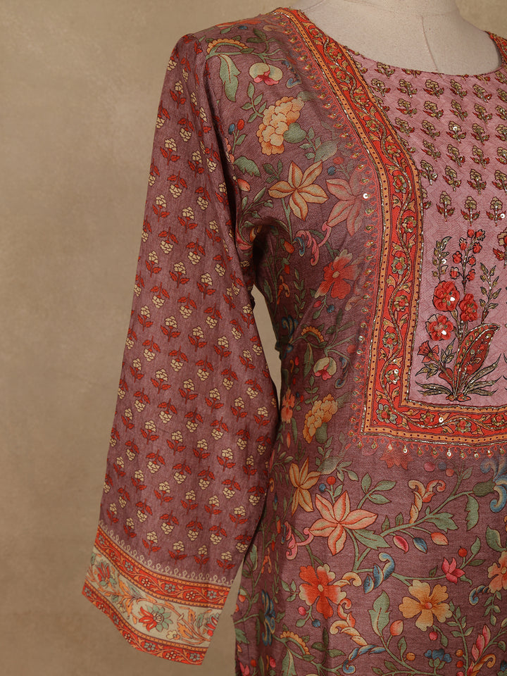 Brown Floral Printed Rayon Kurti - Diadem
