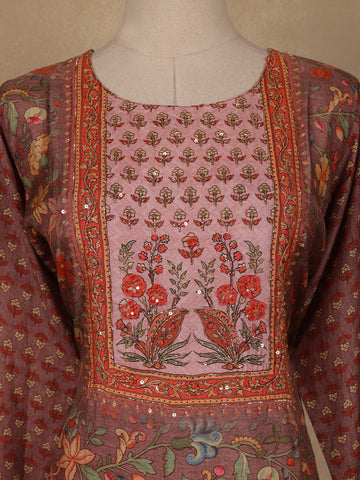 Brown Floral Printed Rayon Kurti - Diadem