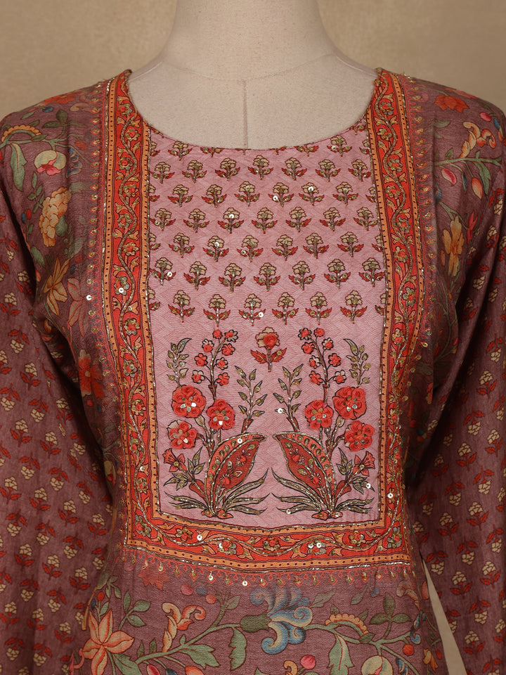 Brown Floral Printed Rayon Kurti - Diadem