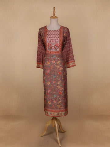 Brown Floral Printed Semi Silk Kurti - Diadem