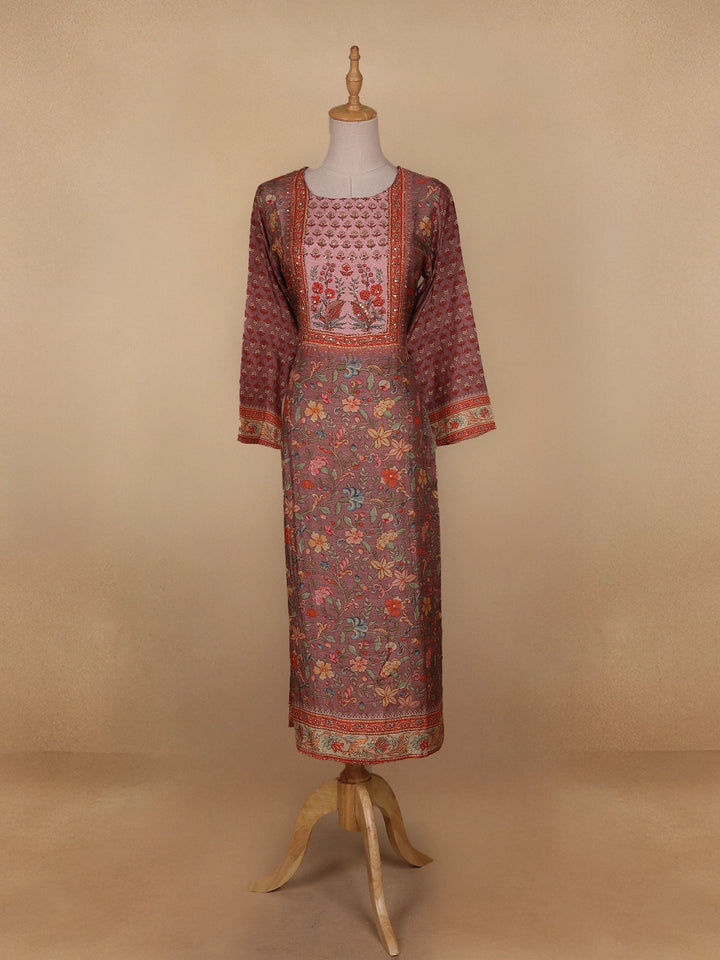 Brown Floral Printed Semi Silk Kurti - Diadem
