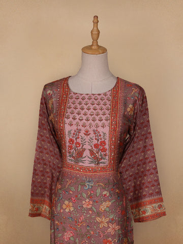 Brown Floral Printed Semi Silk Kurti - Diadem