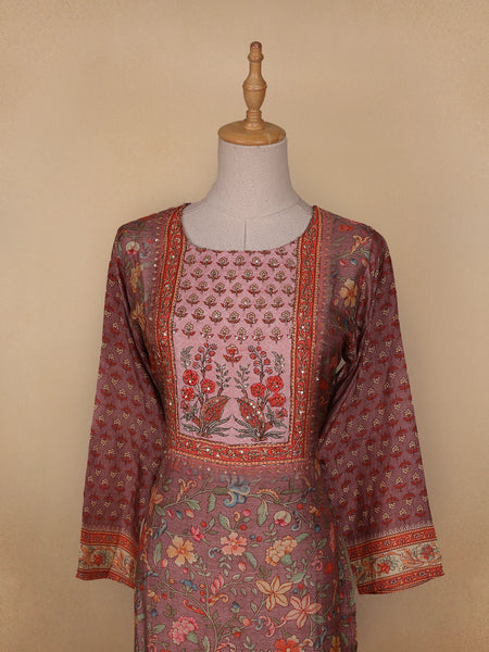 Brown Floral Printed Semi Silk Kurti - Diadem