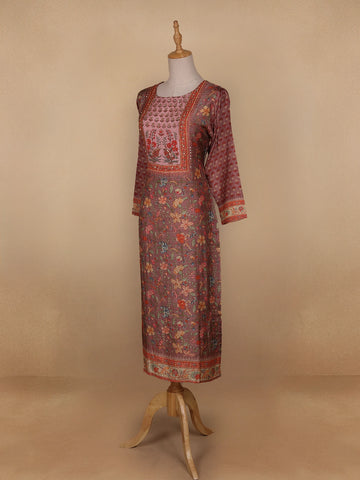 Brown Floral Printed Semi Silk Kurti - Diadem