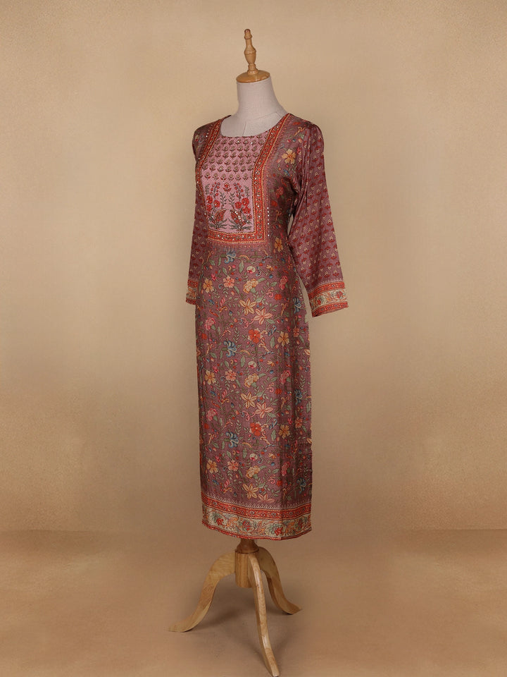 Brown Floral Printed Semi Silk Kurti - Diadem