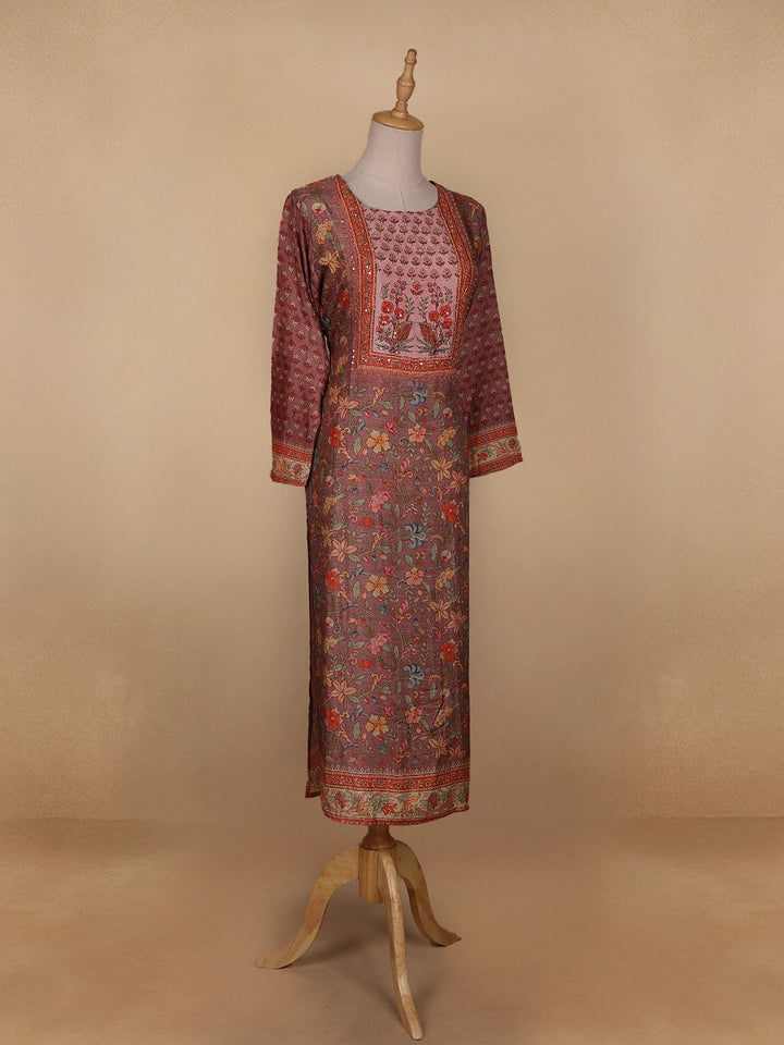 Brown Floral Printed Semi Silk Kurti - Diadem