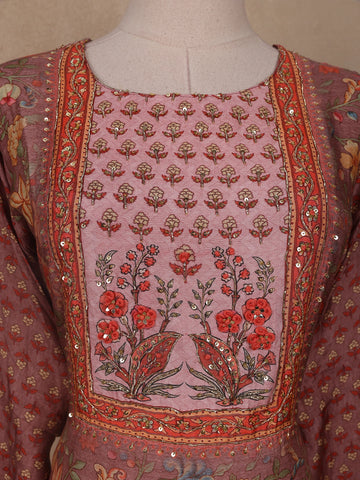 Brown Floral Printed Semi Silk Kurti - Diadem