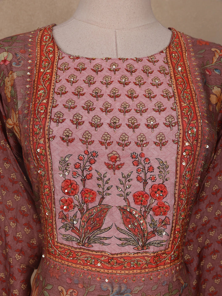 Brown Floral Printed Semi Silk Kurti - Diadem