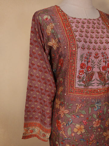 Brown Floral Printed Semi Silk Kurti - Diadem