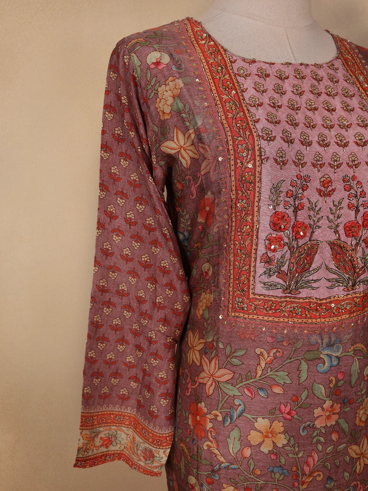 Brown Floral Printed Semi Silk Kurti - Diadem
