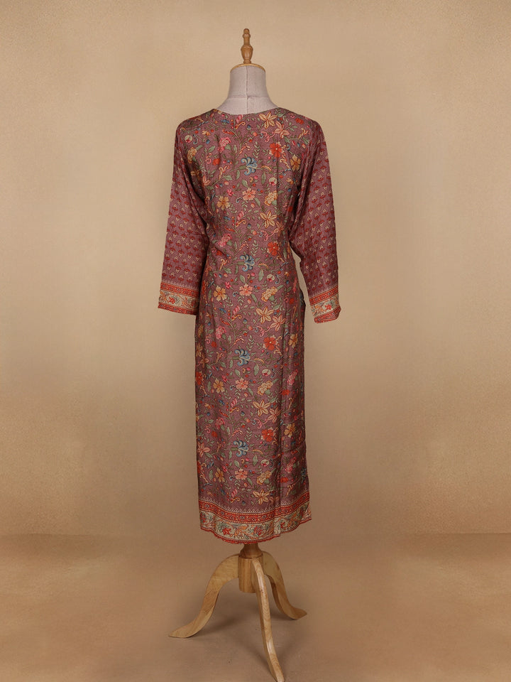 Brown Floral Printed Semi Silk Kurti - Diadem