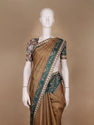 Brown Floral Printed Tussar Silk Saree - Diadem