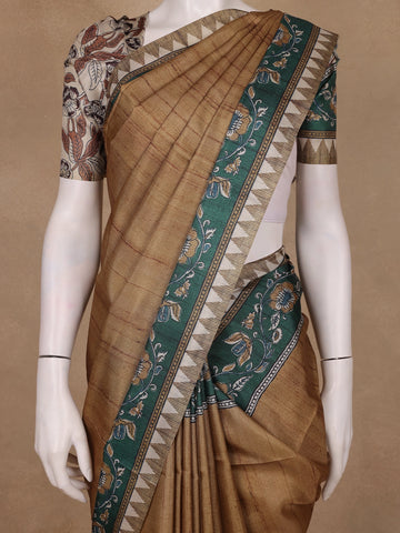 Brown Floral Printed Tussar Silk Saree - Diadem