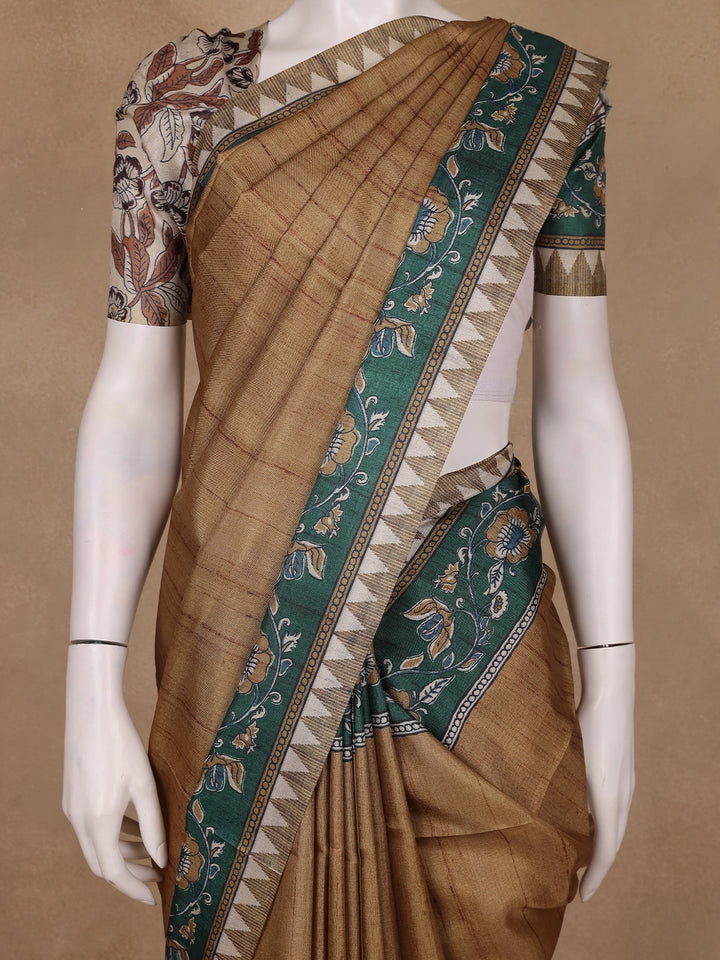 Brown Floral Printed Tussar Silk Saree - Diadem