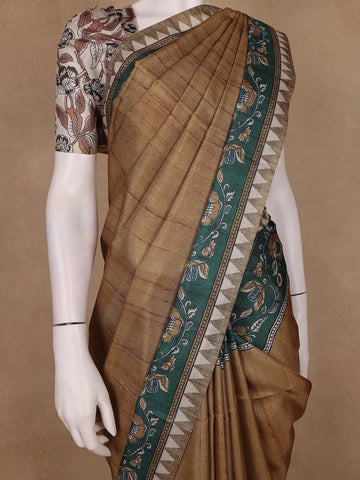 Brown Floral Printed Tussar Silk Saree - Diadem