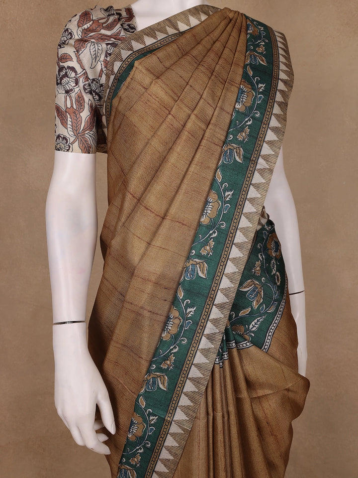 Brown Floral Printed Tussar Silk Saree - Diadem