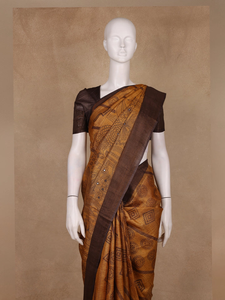 Brown Floral Woven Pure Tussar Silk Saree - Diadem