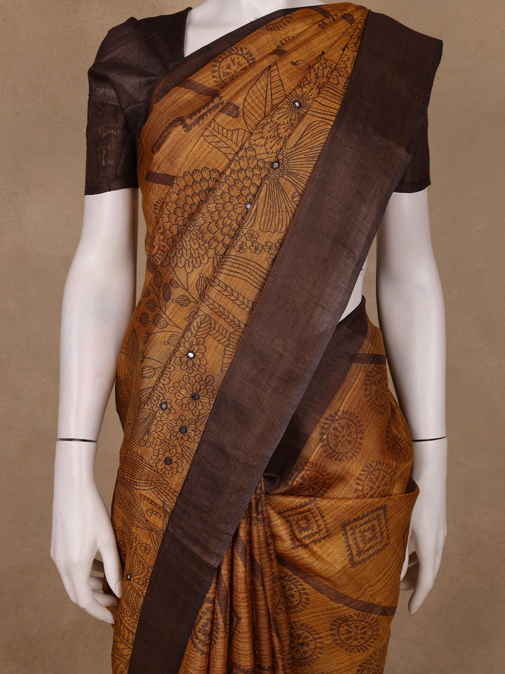 Brown Floral Woven Pure Tussar Silk Saree - Diadem