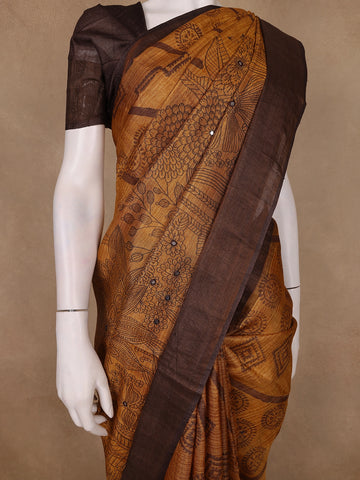 Brown Floral Woven Pure Tussar Silk Saree - Diadem
