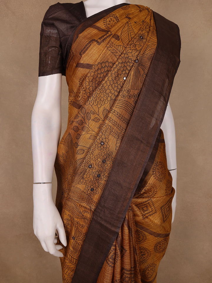 Brown Floral Woven Pure Tussar Silk Saree - Diadem